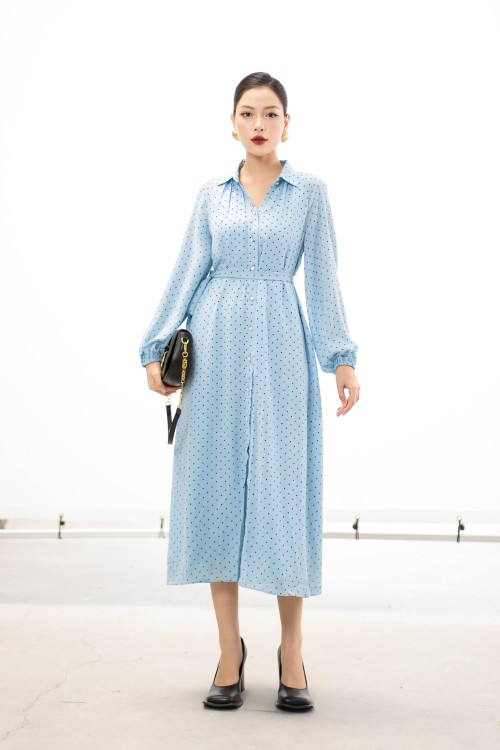 Sixdo Blue Polka Dot Midi Chiffon Dress